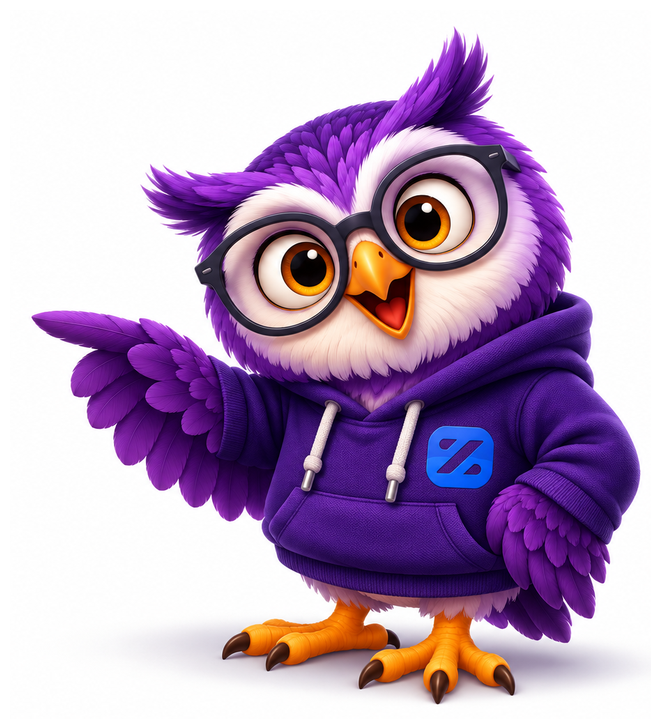 Zagger mascot: a friendly purple owl in glasses and a Zagger hoodie, pointing toward the contact options